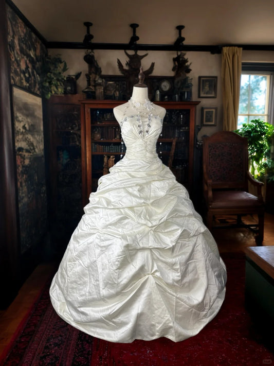 Girlhomeshops-Weißes, exquisites, perlenbesetztes, langes Satin-Ballkleid, Brautkleid, Brautkleid gh5352