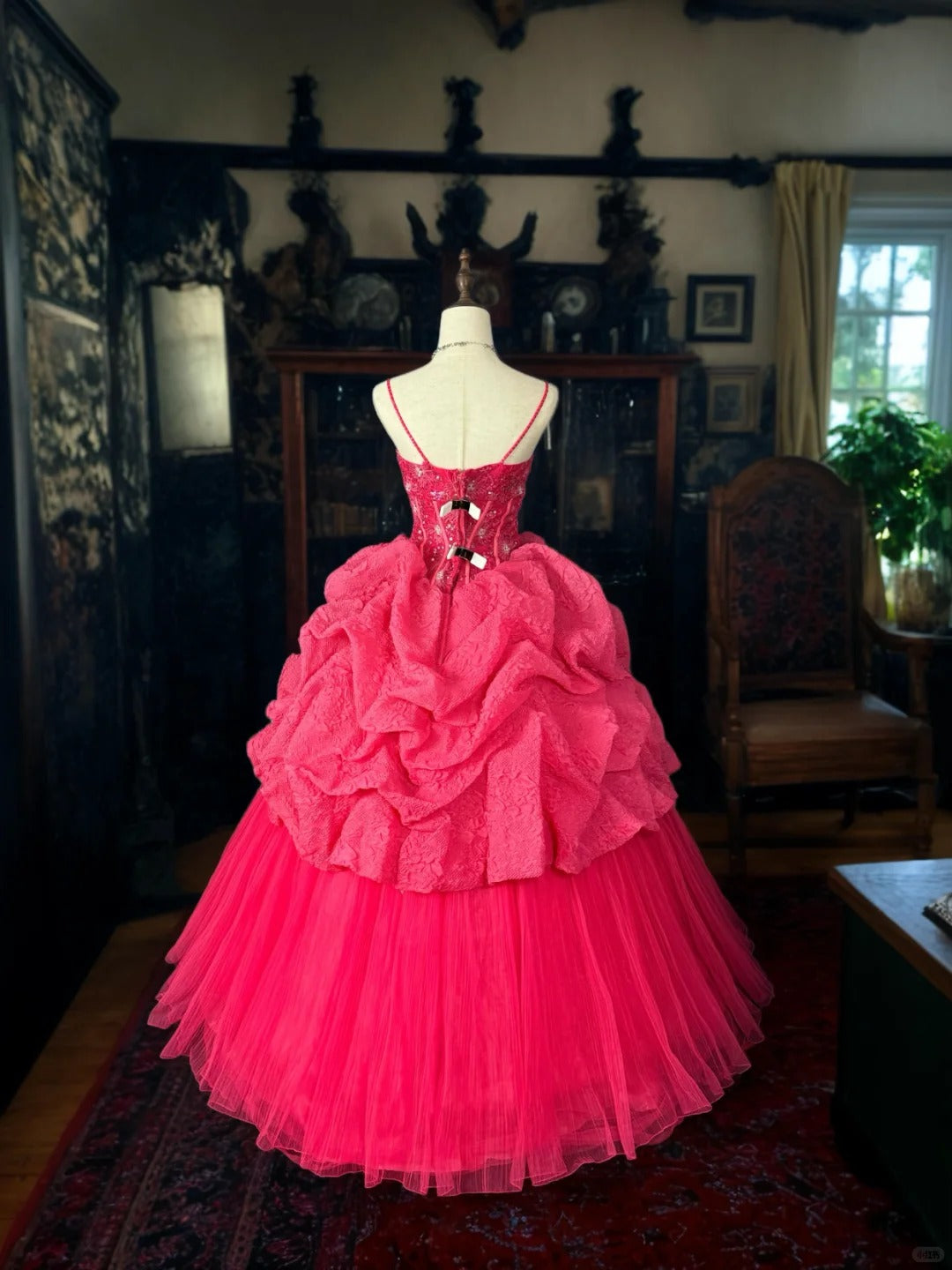 Girlhomeshops-PDark Pink Glitter Tüll Prinzessin Langes formelles Ballkleid gh5359