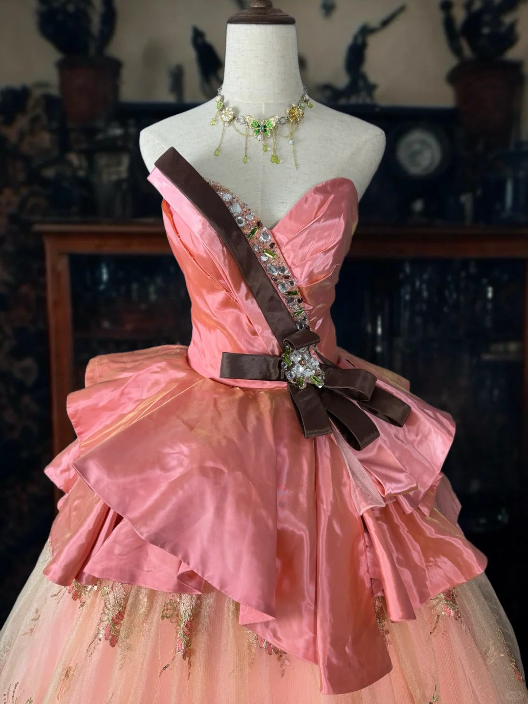 Girlhomeshops - Rosa, zart geblümtes, langes Tüll-Ballkleid gh5351