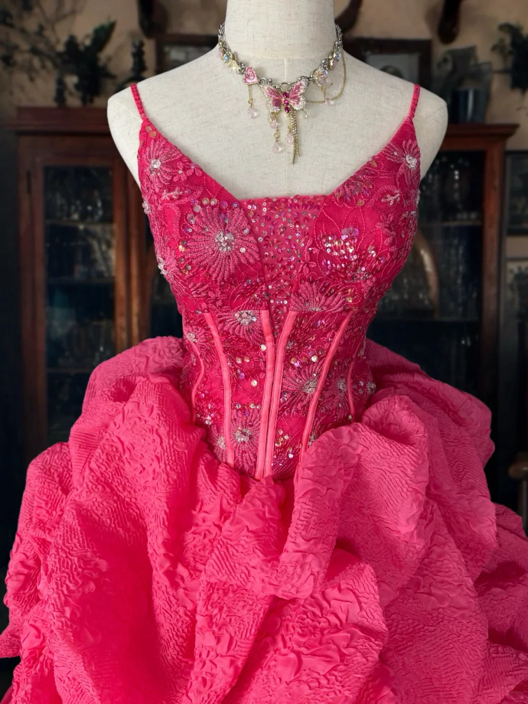 Girlhomeshops-PDark Pink Glitter Tüll Prinzessin Langes formelles Ballkleid gh5359