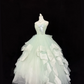 Sage Green Spaghetti Strap Long Romantic Gown with Cinched Waist and Voluminous Skirt, Wedding Dress gh7891
