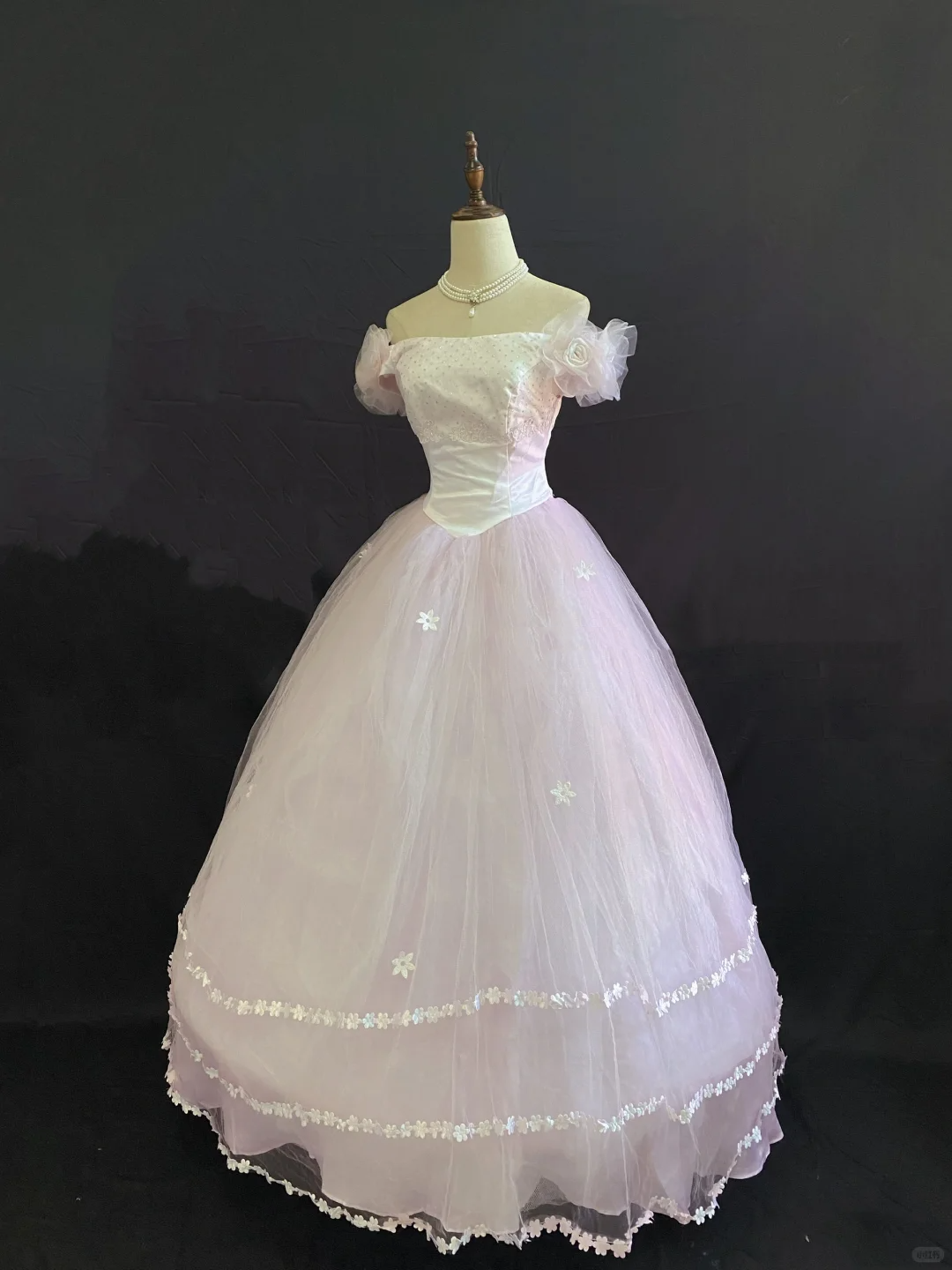 Blush pink off-shoulder long romantic gown with cinched waist and voluminous princess skirt, wedding dress & bridal gown gh8245