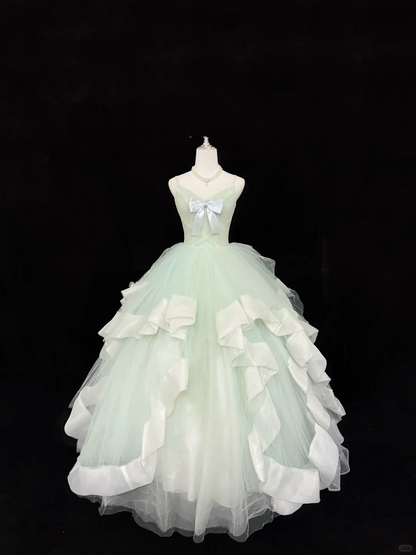 Sage Green Spaghetti Strap Long Romantic Gown with Cinched Waist and Voluminous Skirt, Wedding Dress gh7891