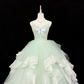 Sage Green Spaghetti Strap Long Romantic Gown with Cinched Waist and Voluminous Skirt, Wedding Dress gh7891