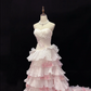 Blush Pink Strapless, Cinched Waist, Slim Fit Long Romantic Dress with Voluminous Tiered Skirt, Wedding Gown gh8076