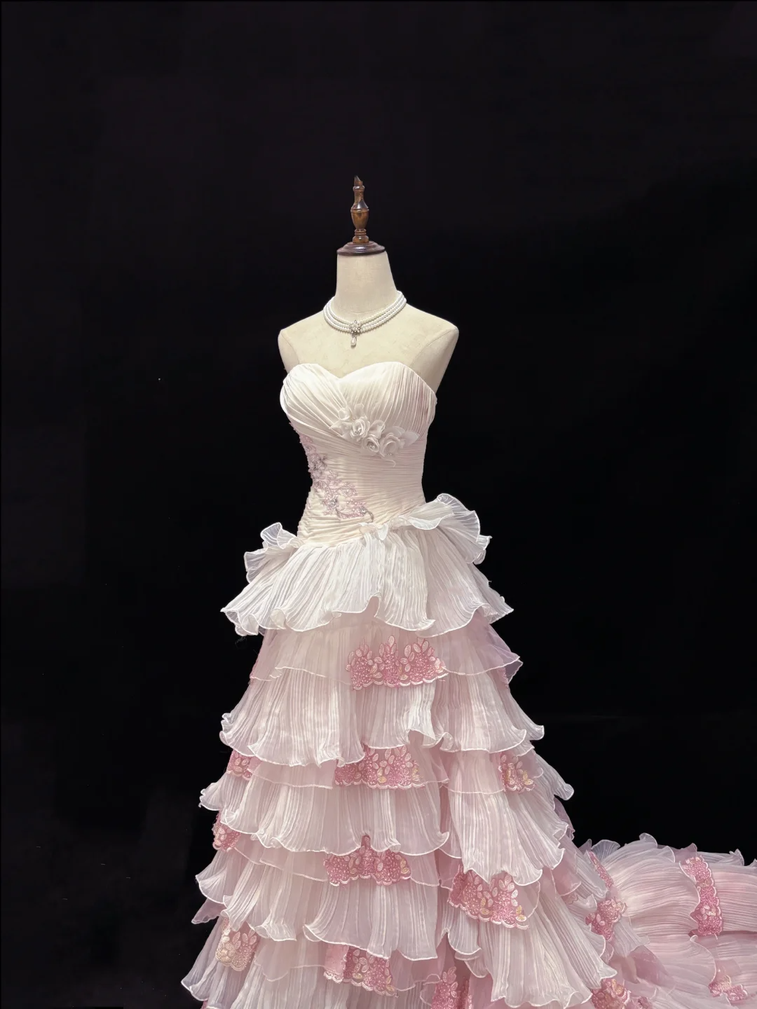 Blush Pink Strapless, Cinched Waist, Slim Fit Long Romantic Dress with Voluminous Tiered Skirt, Wedding Gown gh8076