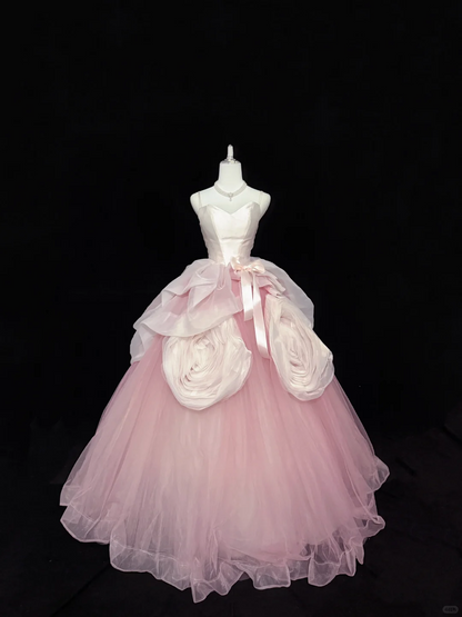 Blush Pink Girly Spaghetti Straps Cinched Waist Voluminous Tulle Skirt Long Romantic Dress, Wedding Gown gh7854