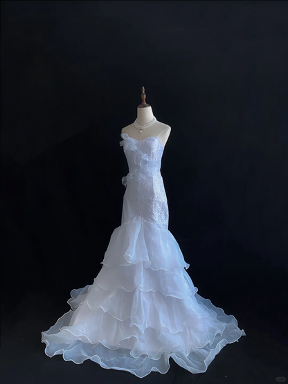 White Strapless Long Romantic Dress, Cinched Waist, Slim Bodycon Fit, Mermaid Skirt, Wedding Gown gh8115