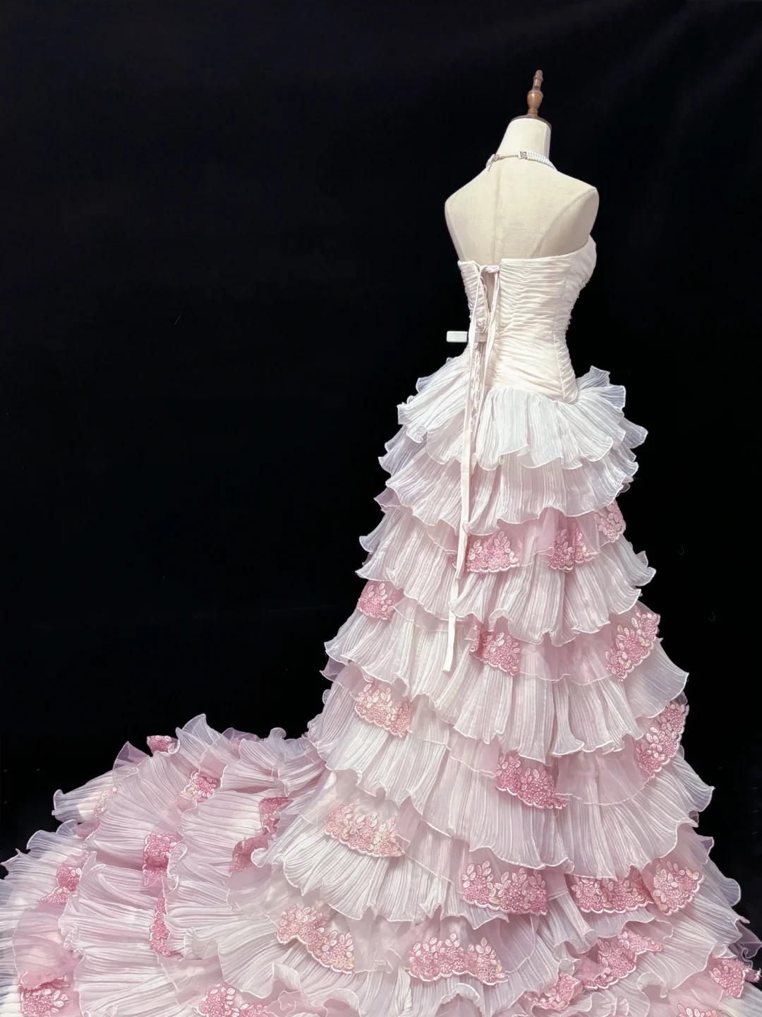 Blush Pink Strapless, Cinched Waist, Slim Fit Long Romantic Dress with Voluminous Tiered Skirt, Wedding Gown gh8076
