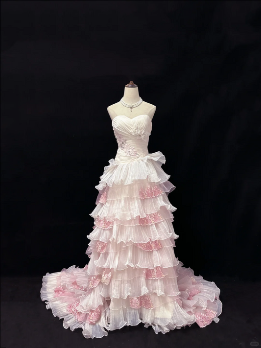 Blush Pink Strapless, Cinched Waist, Slim Fit Long Romantic Dress with Voluminous Tiered Skirt, Wedding Gown gh8076