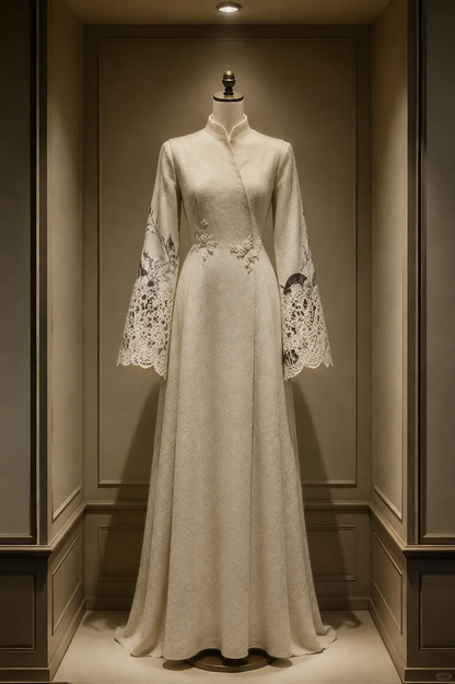 ✨Girlhomeshops-Chinese Wrap Front A-line Bridal Gown with Lace Bell Sleeves gh10360