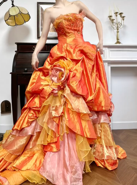 Orange‑Gold Ombre Vintage Strapless Prom Gown, Beaded Bodice, Fitted Waist, Draped Ruffle Details, Multi‑Layer Ruffled Cake Ballgown Skirt, Vintage Oil‑Painting Style Evening Prom Dress gh8772
