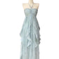 Blue halter back fashionable and elegant chiffon flowing ruffled long skirt 11278