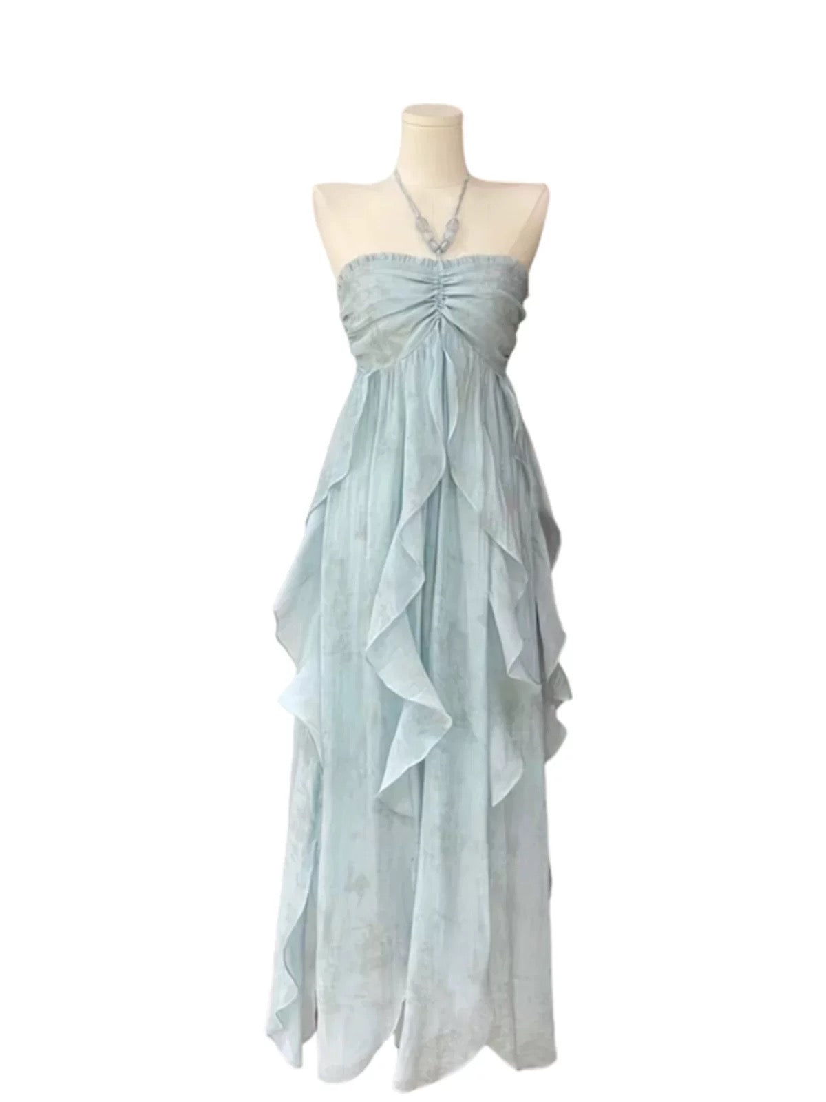 Blue halter back fashionable and elegant chiffon flowing ruffled long skirt 11278