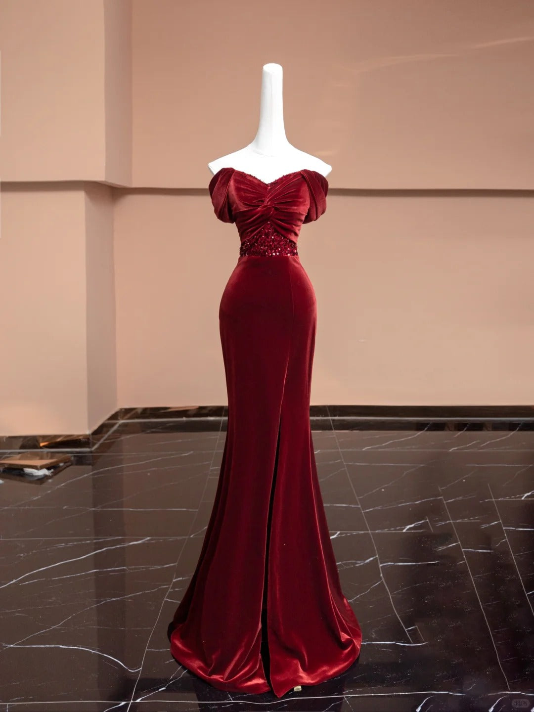 Robe de soirée élégante en velours bordeaux, longue, style sirène, coupe slim, avec perles, gh4877