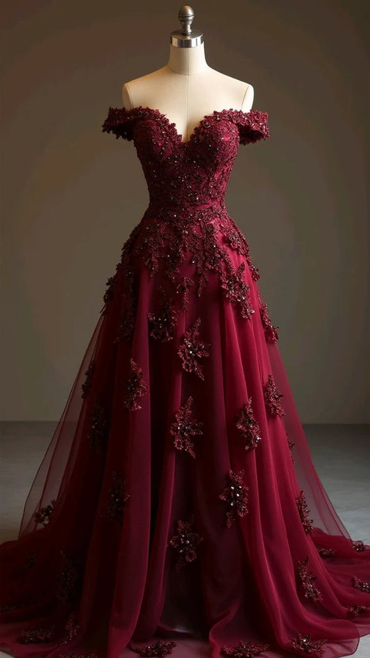 girlhomeshops--Burgundy Delicate Floral Applique Long Tulle Prom Dress gh5634