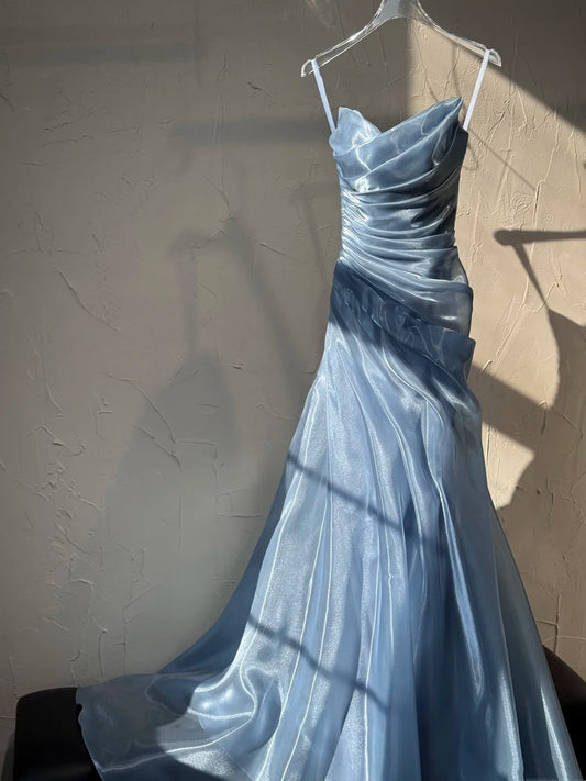 Dusty Blue Strapless Shimmering Organza Mermaid Gown with Ruched Bodice & Train gh7095