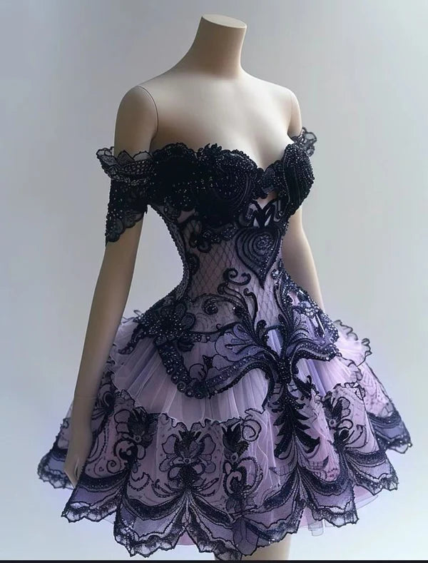 Girlhomeshops - Robe de soirée courte en mousseline de soie, dentelle perlée, violet, exquise, gh5461