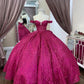 Robe de bal fuchsia à sequins épaules dénudées : tulle pailleté épais, décolleté en cœur, taille cintrée, robe de princesse pour banquet (gh6588)