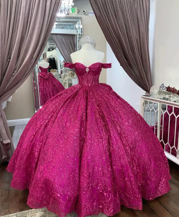 Robe de bal fuchsia à sequins épaules dénudées : tulle pailleté épais, décolleté en cœur, taille cintrée, robe de princesse pour banquet (gh6588)