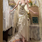 Robe de soirée longue en satin ivoire, élégante, avec perles dorées, coupe sirène, à volants, coupe ajustée, gh4252