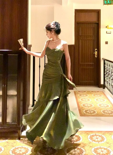 Robe de soirée longue à volants, style chic bordeaux/vert, gh4318
