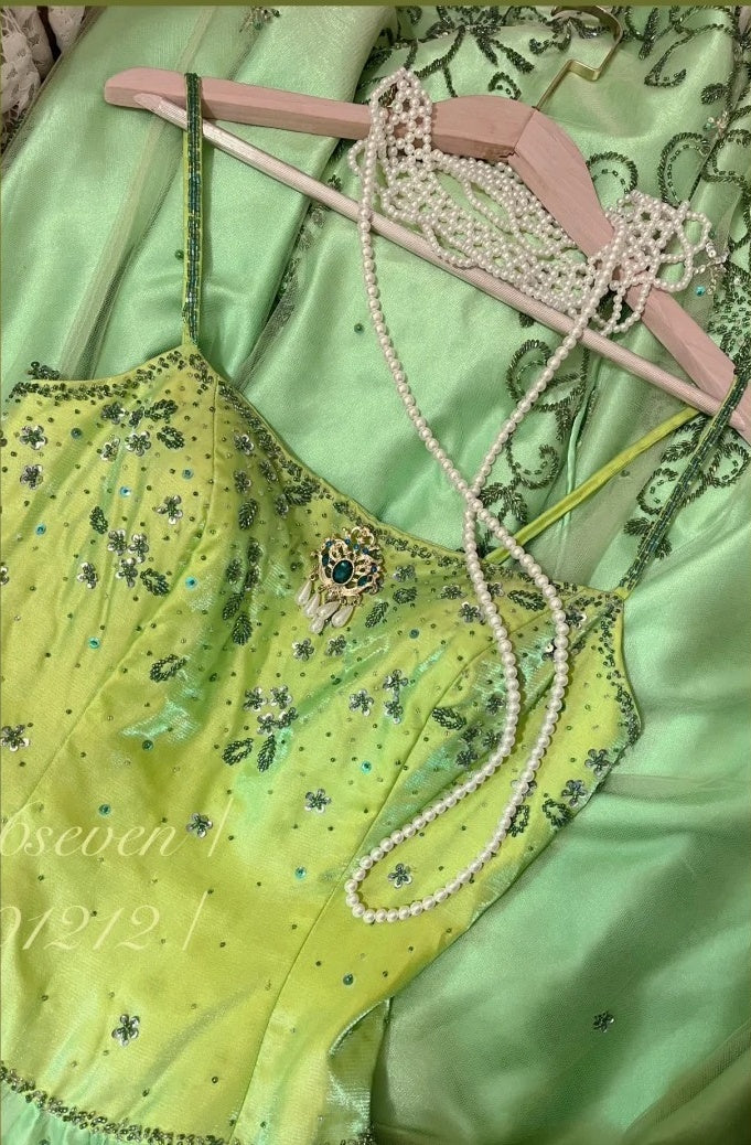 Robe de soirée longue en satin et tulle, style vintage, verte, exquise, perlée, motif floral, gh4433