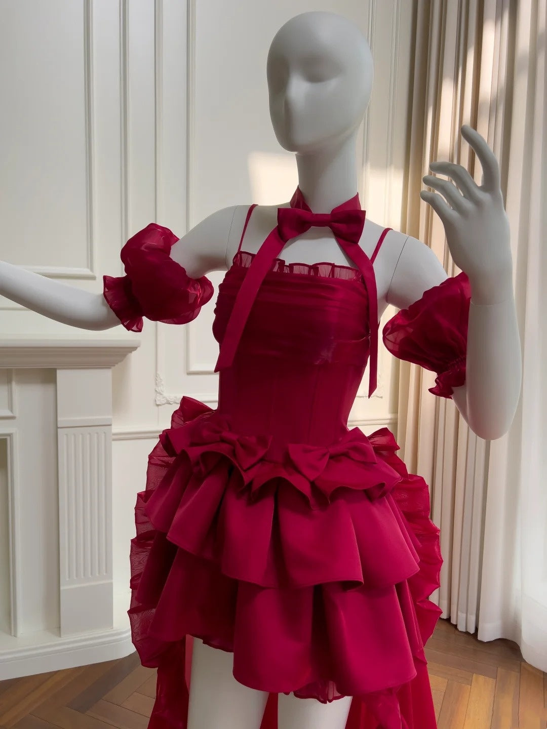 girlhomeshops-Burgundy Satin Spaghetti-Strap Puff-Sleeve Train Gown  gh6383