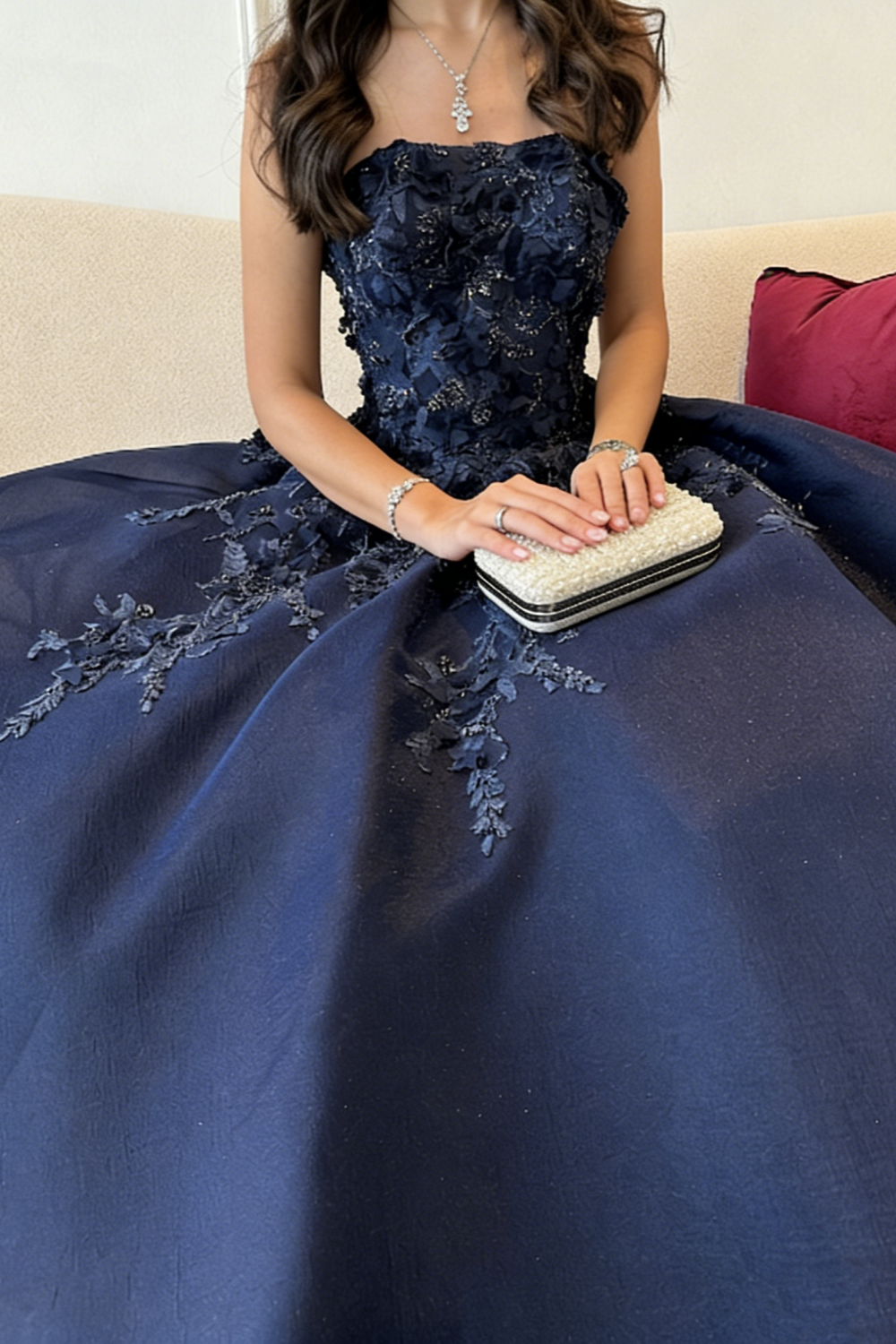 Navy Blue Strapless Ball Gown with 3D Floral Appliques & Beading, Floor-Length Prom Dress for Formal Wedding & Evening Events gh7098