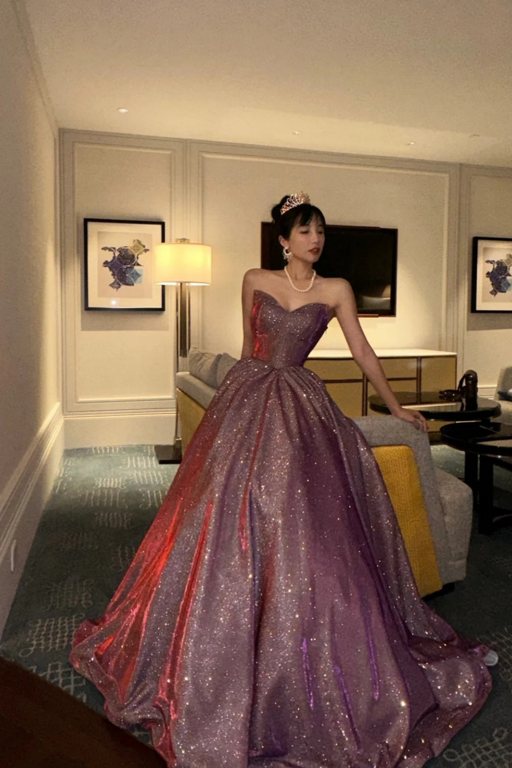 Lila glänzendes, elegantes langes Abschlusskleid/Abendkleid gh6812
