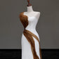 Girlhomeshops -White simple brown ribbon long satin prom dress evening dress party dress gh5119