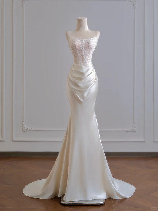 Girlhomeshops--✨Exquisite lace long floor-length satin prom dress wedding dress gh5481