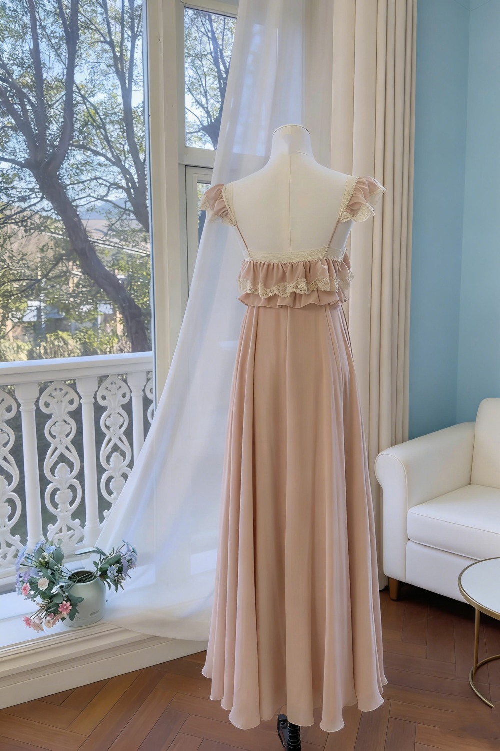 Blush Pink Chiffon Ruffle Lace Flutter Sleeve Gown - Vintage Ethereal Backless Maxi Dress gh6962