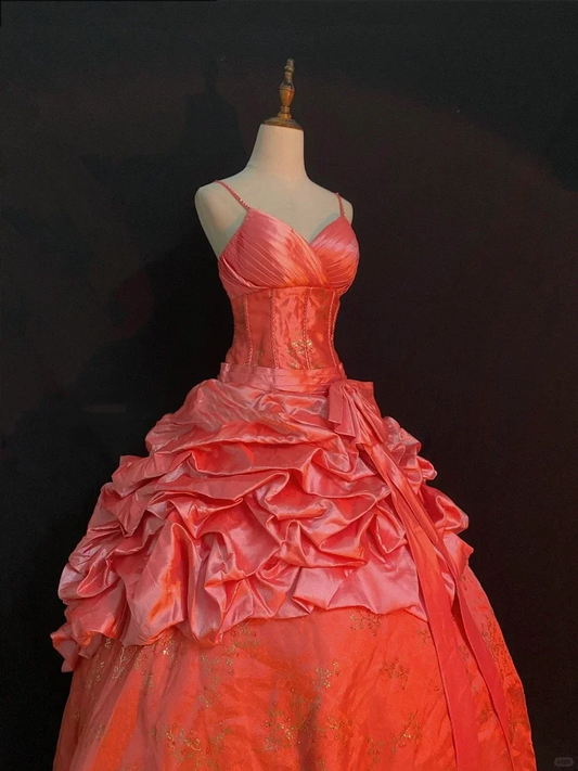 Pink Satin Spaghetti Strap Long Romantic Wedding Dress, Cinched Waist, Voluminous Princess Skirt gh8314