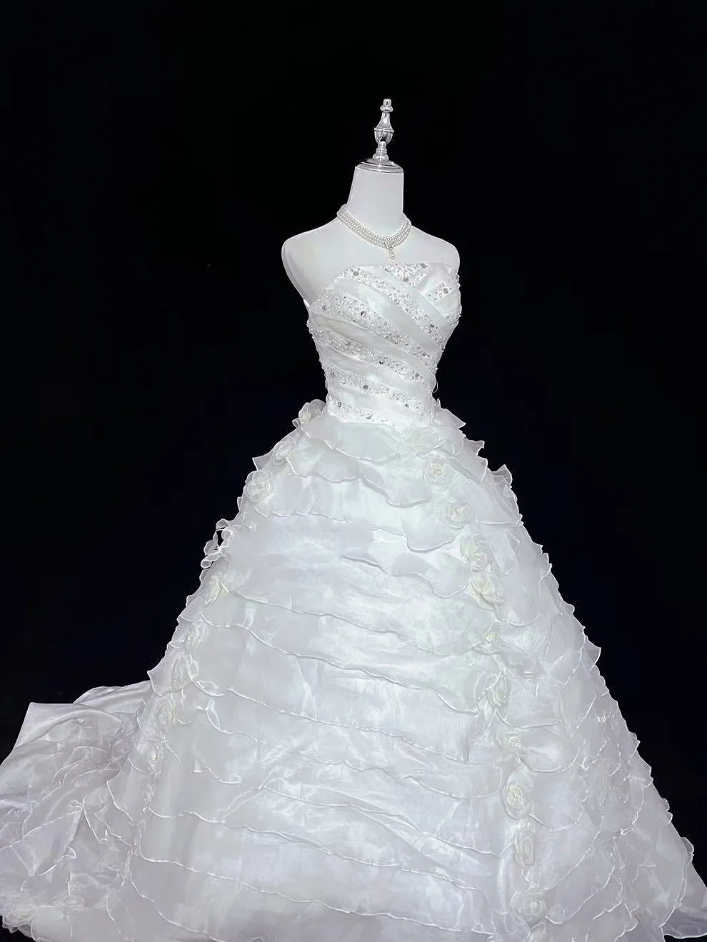 White Strapless Rhinestone Cinched Waist Voluminous Tiered Skirt Long Romantic Dress, Wedding Gown gh7999