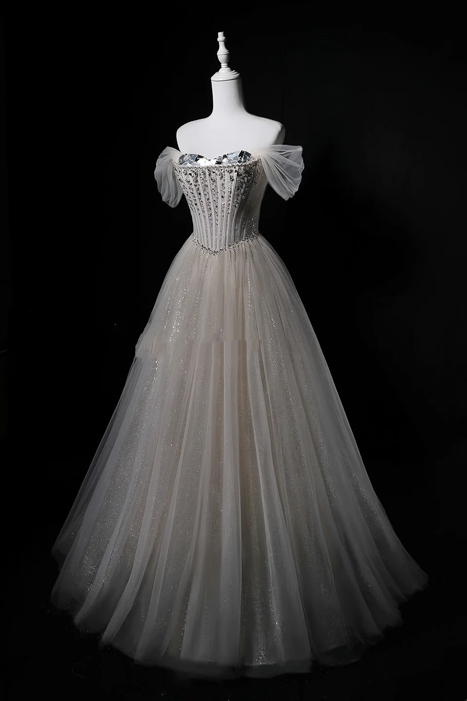 Light Apricot Off-Shoulder Waist-Cinched A-Line Long Evening Dress, Fairy Gown, Romantic Gown gh7464