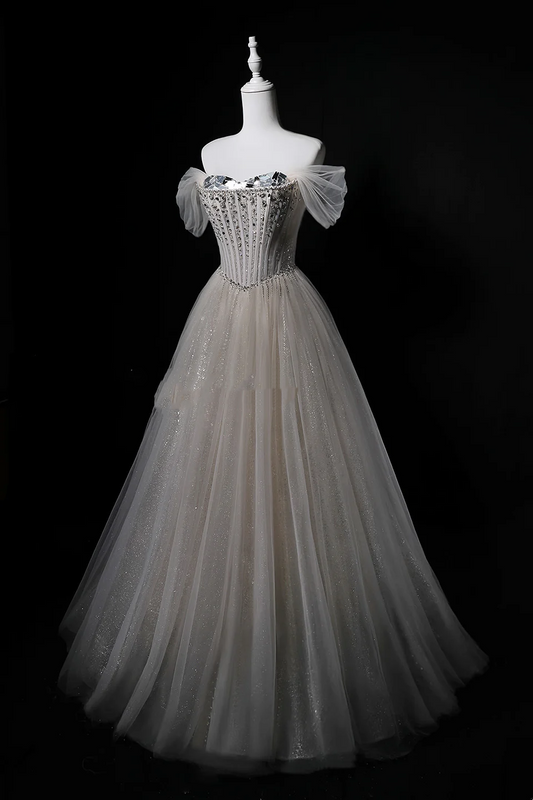 Light Apricot Off-Shoulder Waist-Cinched A-Line Long Evening Dress, Fairy Gown, Romantic Gown gh7464