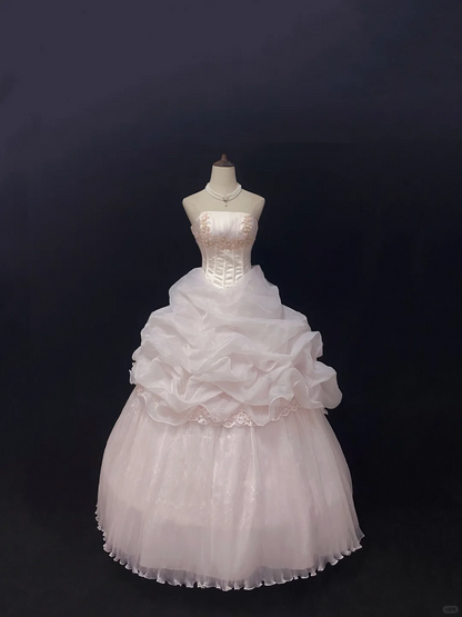 Blush Pink Strapless Romantic Gown With Embroidery, Cinched Waist & Voluminous Princess Skirt, Wedding Dress & Bridal Gown gh8133