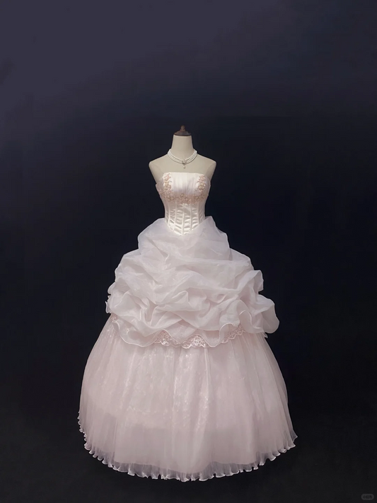 Blush Pink Strapless Romantic Gown With Embroidery, Cinched Waist & Voluminous Princess Skirt, Wedding Dress & Bridal Gown gh8133