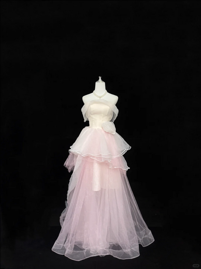 Blush Pink Strapless Cinched Waist Voluminous Skirt Fairy Romantic Dress, Wedding Gown gh7830