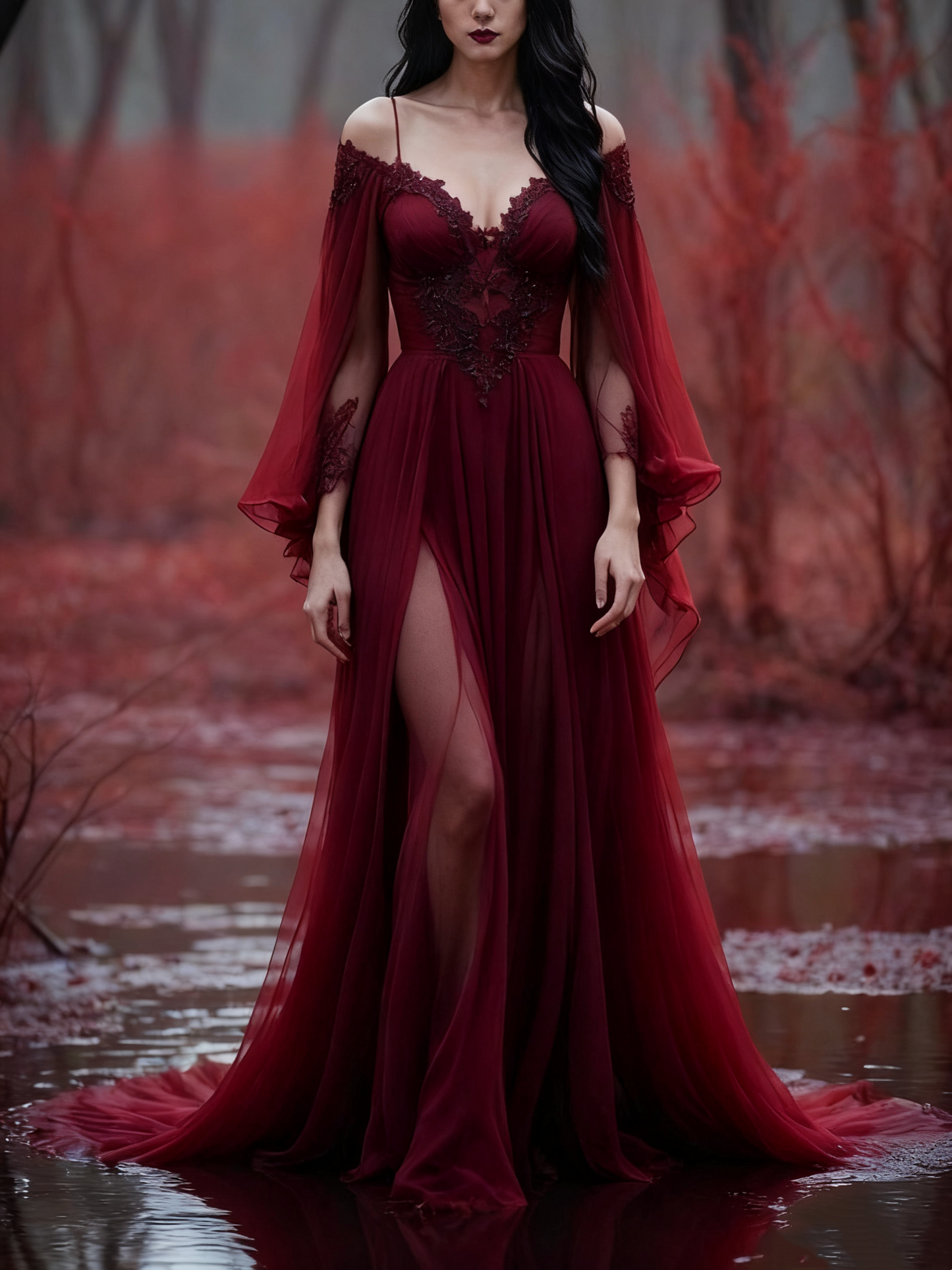 girlhomeshops-Long Sleeves Long Tulle Floor-Length Train Retro Elegant Ball Gown Evening Dress gh5943