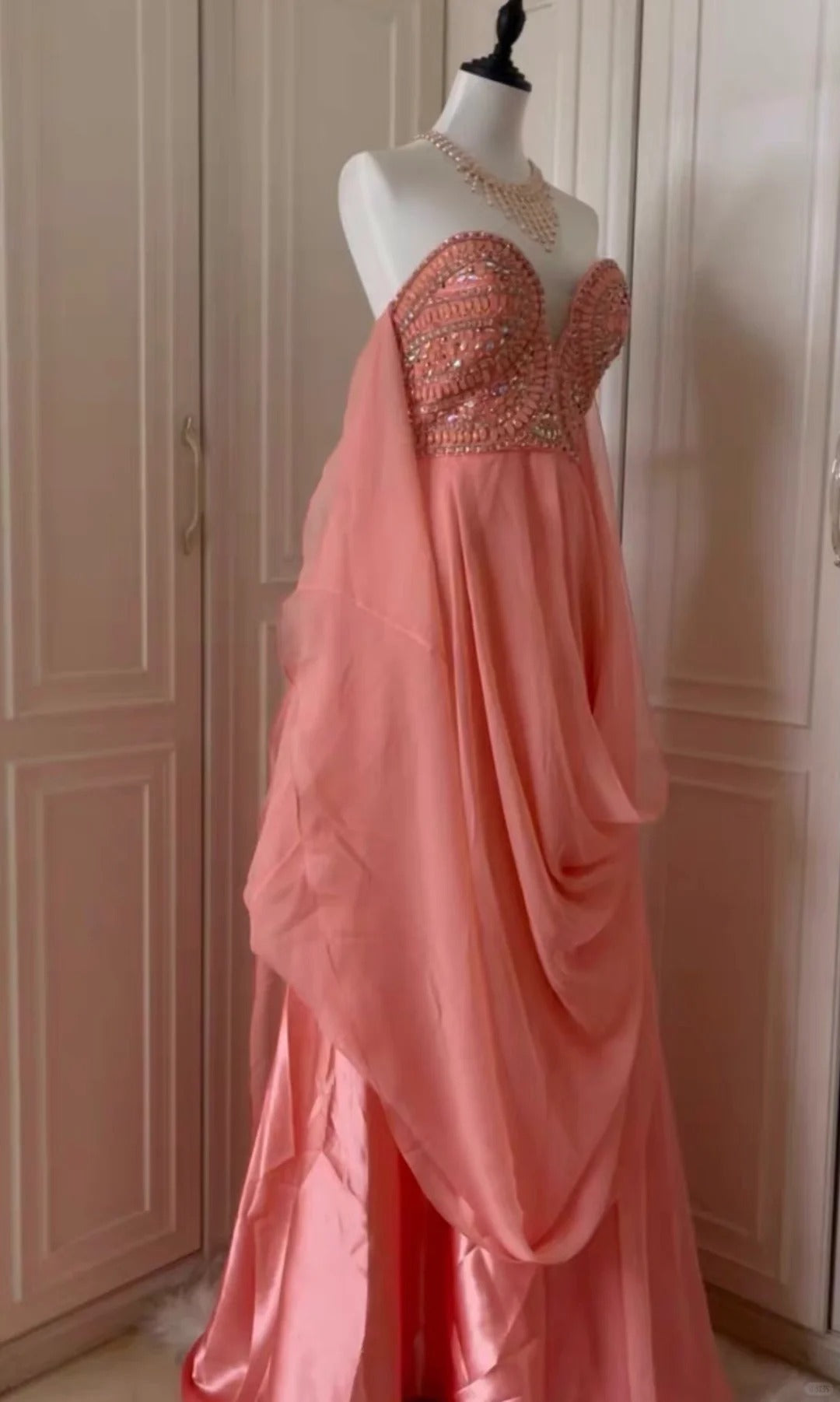 ✨Robe de soirée longue en mousseline de soie rose fantaisie déesse grecque gh4269
