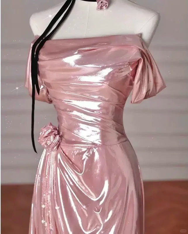 ✨Girlhomeshops - Robe de soirée longue en satin rose à coupe sirène, coupe ajustée, pour fête d'anniversaire, gh4990