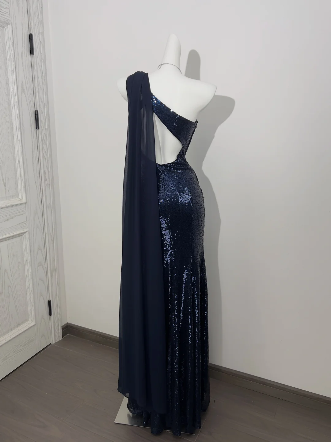 Navy Blue Sequin One-Shoulder Waist-Cinched Elegant Prom Gown, Evening Formal Dress gh7234