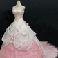 White Strapless Long Romantic Gown, Cinched Waist, Pink Fluffy Tiered Cake Skirt, Wedding Dress & Bridal Gown gh8264