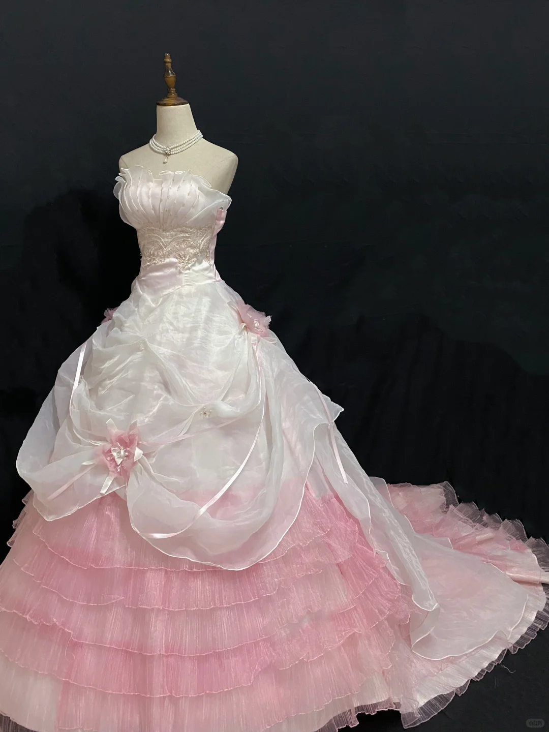 White Strapless Long Romantic Gown, Cinched Waist, Pink Fluffy Tiered Cake Skirt, Wedding Dress & Bridal Gown gh8264