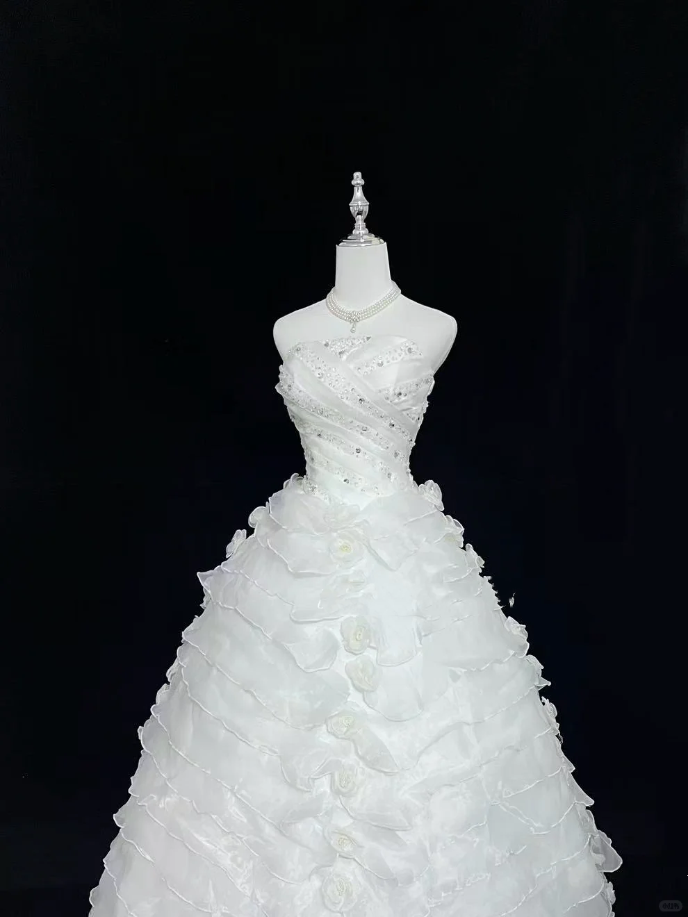 White Strapless Rhinestone Cinched Waist Voluminous Tiered Skirt Long Romantic Dress, Wedding Gown gh7999