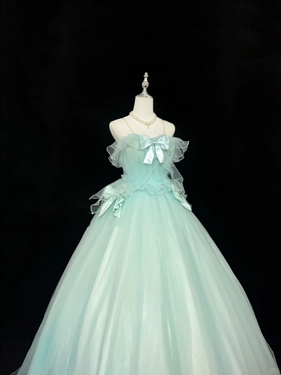 Sage Green Spaghetti Strap Off-the-Shoulder Cinched Waist Voluminous Skirt Romantic Dress, Wedding Gown gh7866