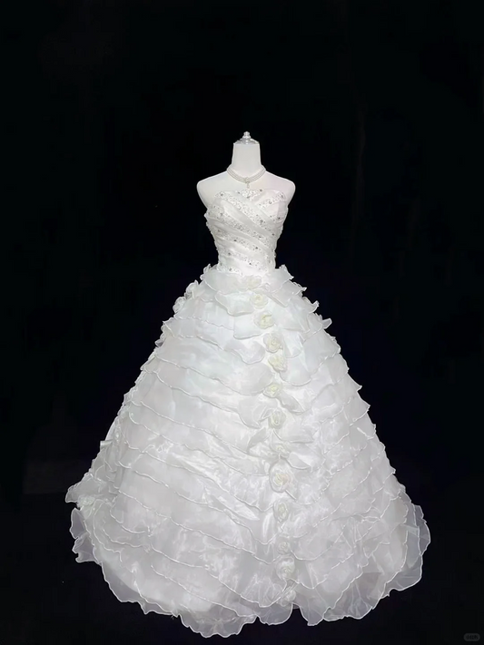 White Strapless Rhinestone Cinched Waist Voluminous Tiered Skirt Long Romantic Dress, Wedding Gown gh7999