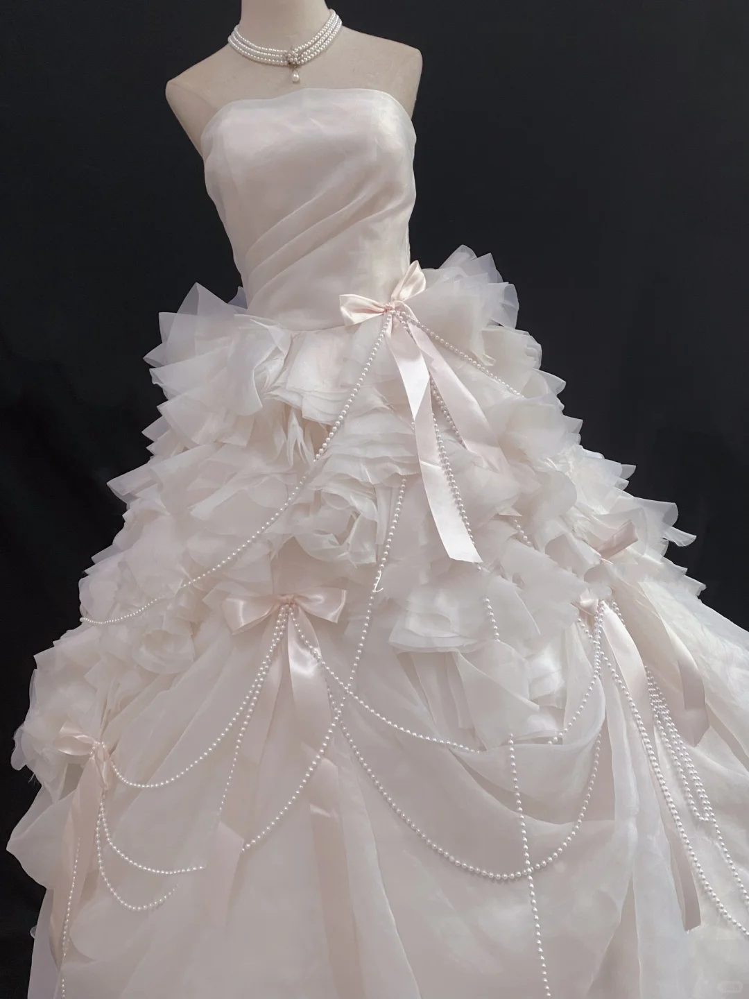 Blush pink strapless long romantic gown with cinched waist and fluffy tiered cake skirt, wedding dress & bridal gown gh8218